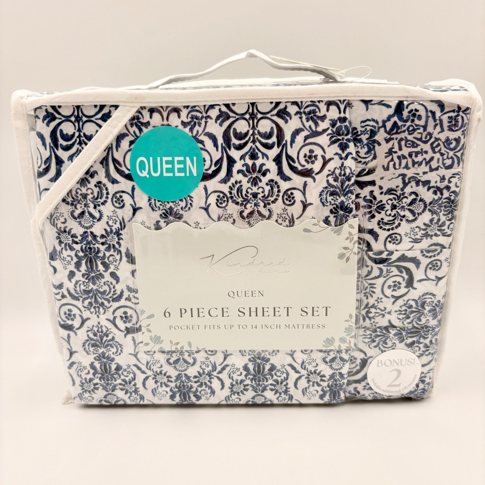 Kindred Home Queen 6 Piece Sheet Set Navy Blue White Damask Scroll 14in Pocket